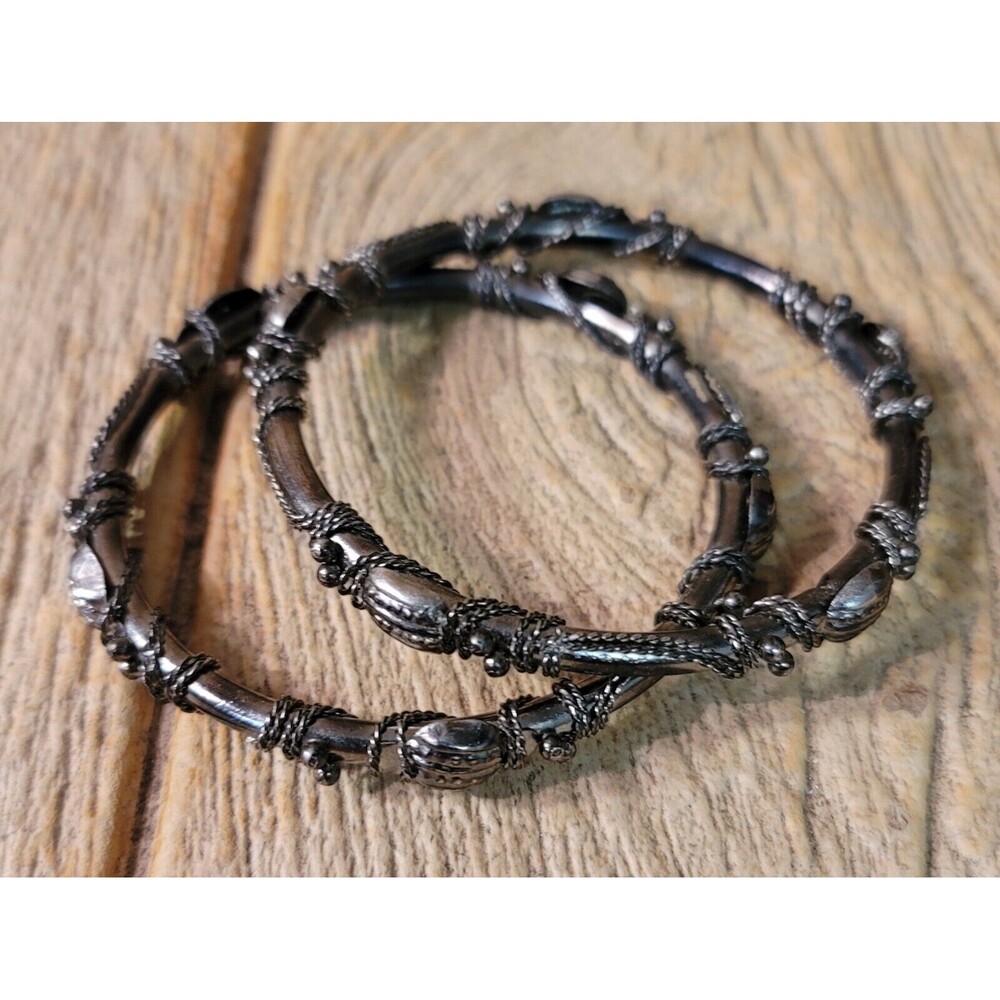 Vintage Exquisite Silver Black Enamel HAND MADE Wire 2 Bangle Bracelet